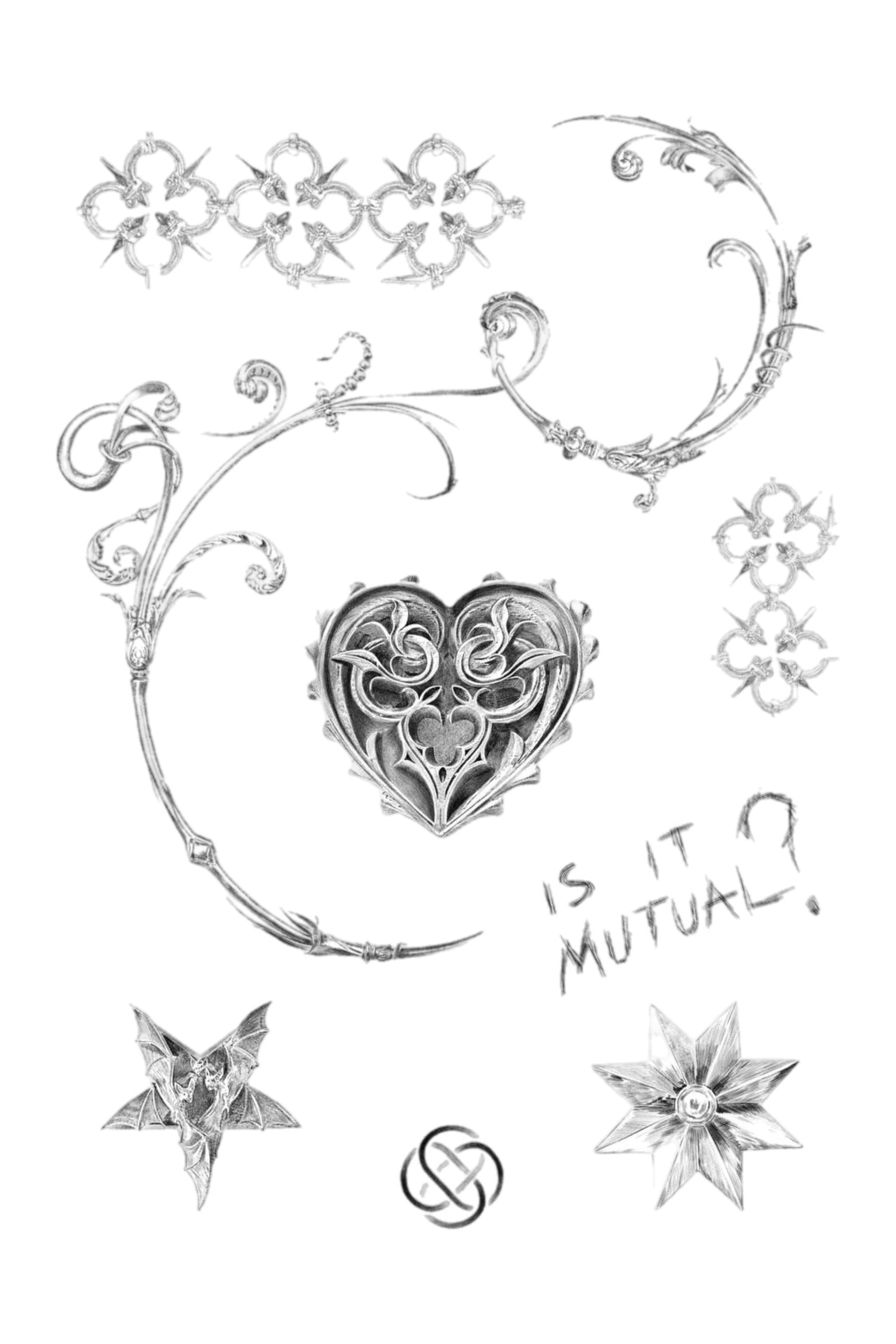 Temporary tattoo flash sheet featuring ornate silver-toned gothic hearts, filigree scrolls, and star motifs