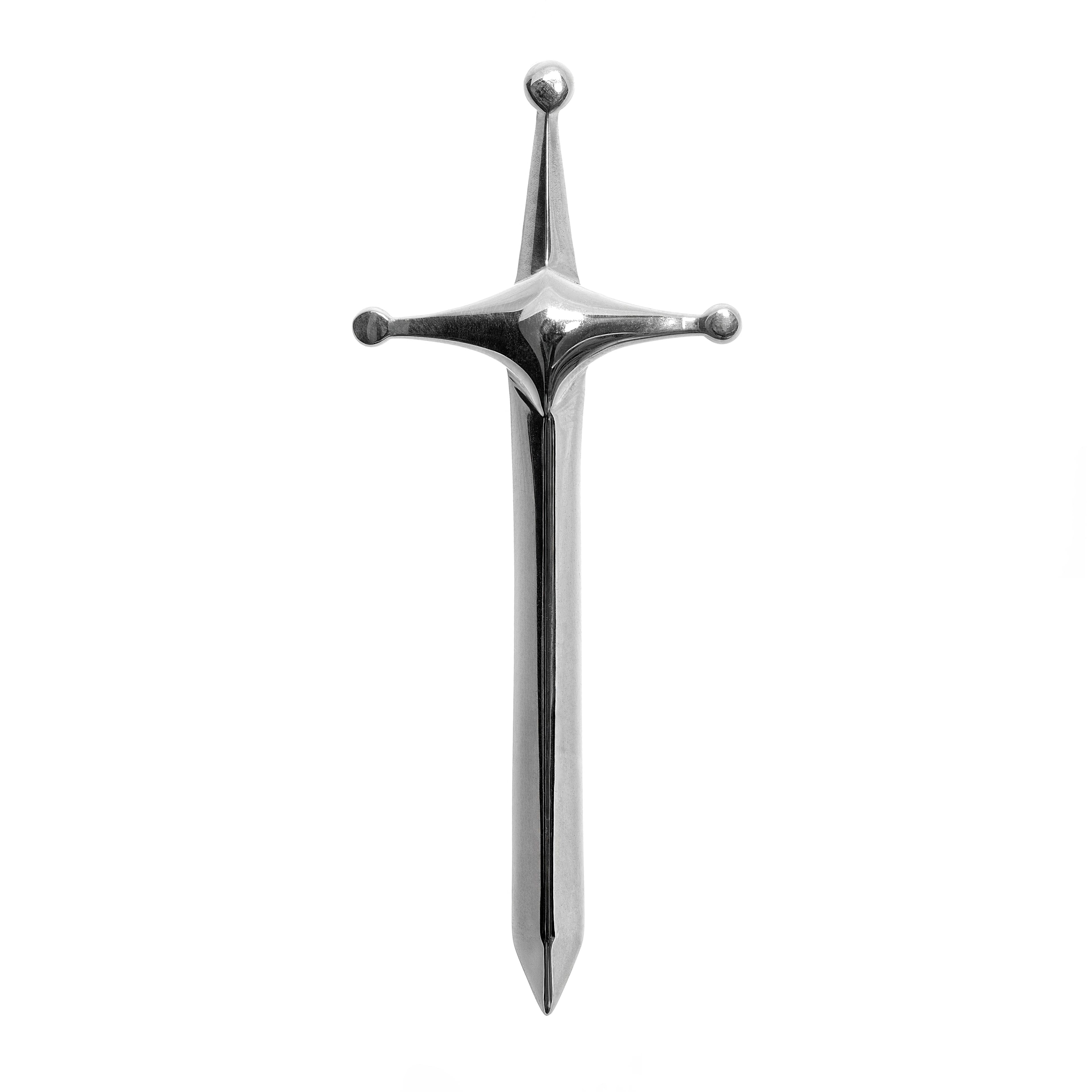 A silver earring shaped like a miniature sword with a polished finish, displayed against a white background